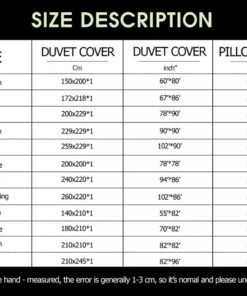 Bedding Set sizechart