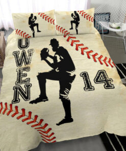 Baseball Boy Pitcher Beige Player custom bedding set Personalized duvet cover bed sheets pillow shams