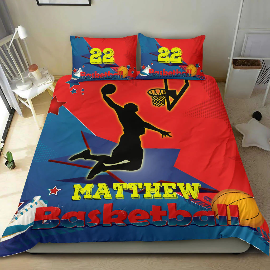 Basketball Boy Red Blue custom bedding set 4 pcs Personalized duvet cover bed sheets pillow shams