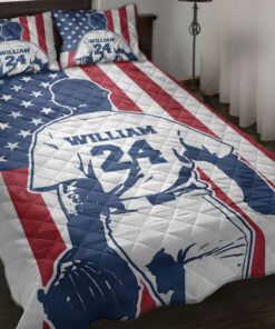 Custom Baseball Boy Us Flag Quilt Blanket Pillowcases