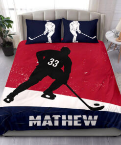 Custom Hockey Boy Red Blue bedding set 4 pcs personalized NHL duvet cover bed sheets pillow shams