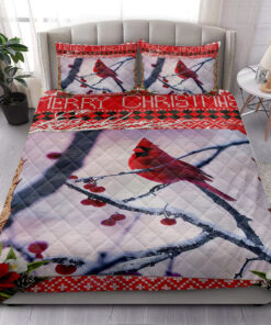 Custom Cardinal Bird Cherry Tartan Quilt Blanket Pillowcases