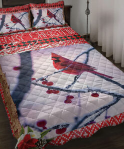 Custom Cardinal Bird Cherry Tartan Quilt Blanket Pillowcases
