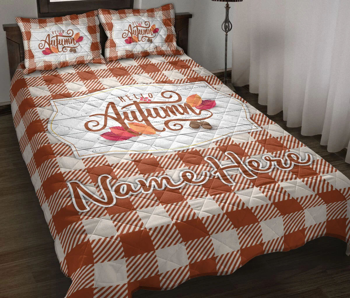 Custom Hello Autumn Orange Tartan Quilt Blanket Pillowcases