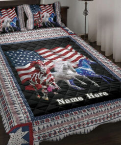 Custom Horses American Us Flag Patriotic Quilt Blanket Pillowcases