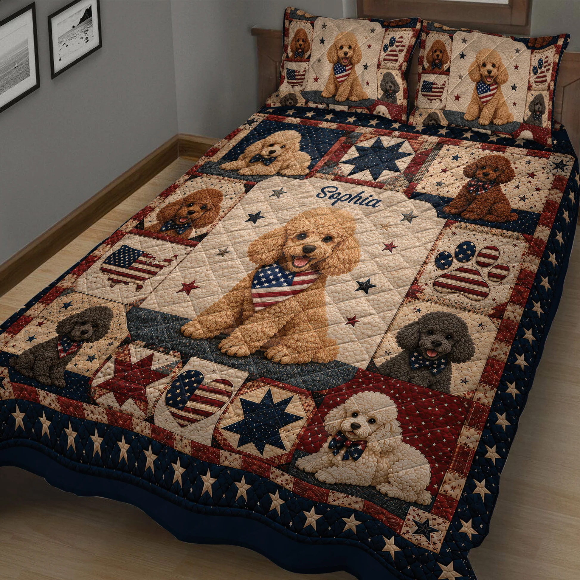 Personalized Poodle American Flag Quilt Blanket Pillowcases Custom Dog Lover Decor